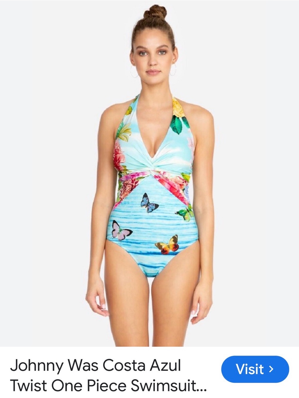 Johnny Was Aqua Floral & Butterfly Halter One-Piece Swimsuit NWT